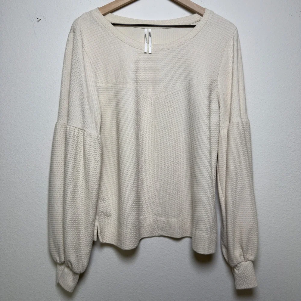 Anthropologie Women Cotton Knit Top XL Cream Textured Balloon Sleeve Preppy